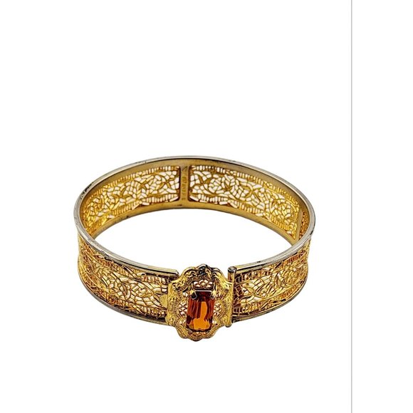 Antique Art Deco Filigree Rare Gold Tone Bangle Bracelet Marked w/ Pat Appld - Picture 1 of 9